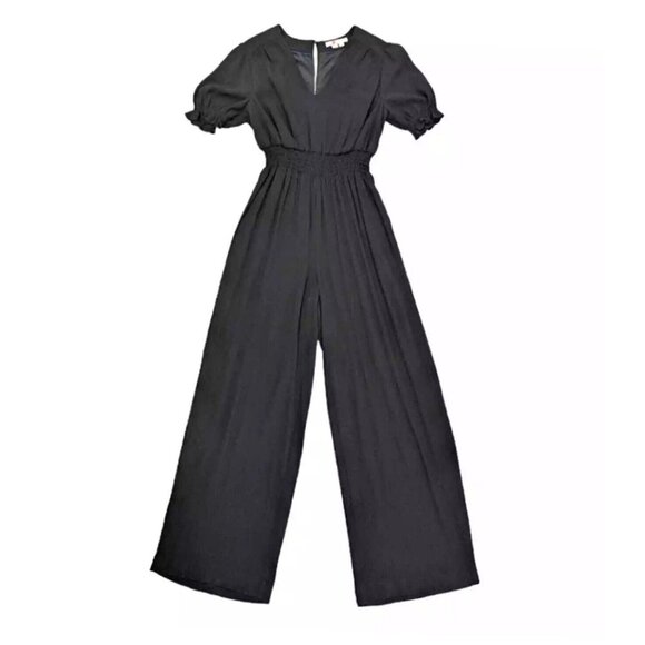 Boden Womens Black Smocked Waist V Neck Jumpsuit Keyhole Back Wide Leg Size 2R - Picture 1 of 8